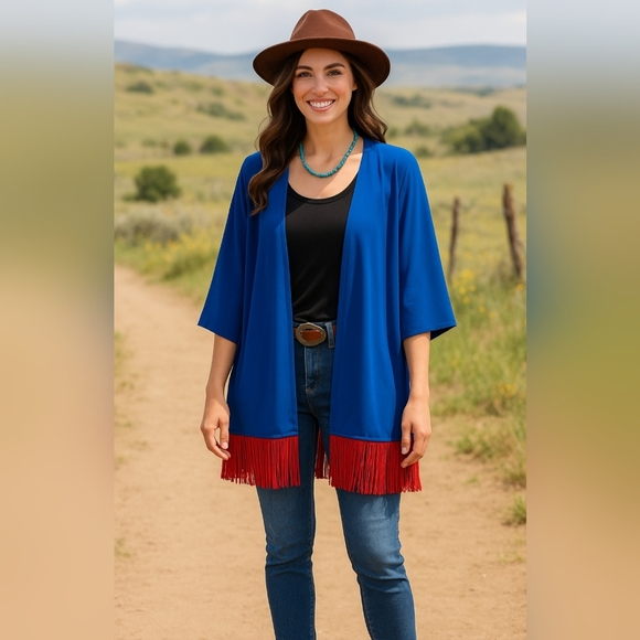 NWT Cover Up Kimono Duster Cobalt Blue Red Fringe Size Large - Picture 1 of 6